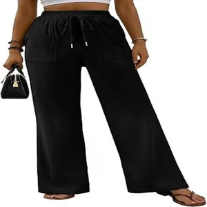 Donna casual pantaloni larghi neri vita alta coulisse tasche grandi comodi pantaloni