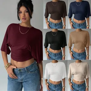 Women's Casual Solid Color Short Sleeve Crew Neck Slim Fit Pleated T-Shirt Summer Basic Versatile Fashion Top