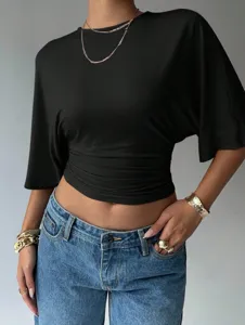Women casual slim fit crop top solid black short sleeve summer fashion trendy chic apparel