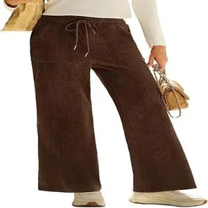 Pantaloni larghi in velluto a coste marrone con vita elastica alta e coulisse per donna