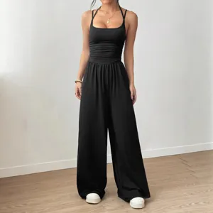 Summer women casual halter square neck backless wide leg loose black jumpsuit outfit