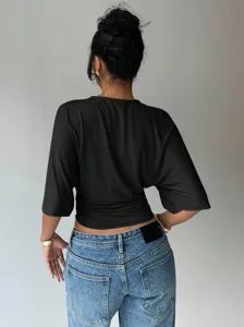 Women summer black short sleeve cropped cinched waist casual basic top stylish daily wear