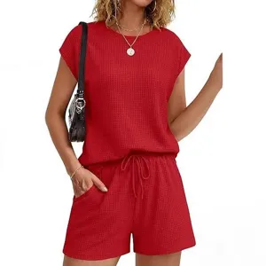 Ensemble haut à manches courtes et short en tricot gaufré pour femme, tenue décontractée.