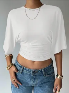 Women casual ruched waist cropped short-sleeve top slim fit summer fashion stylish