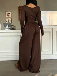 Stylish brown long sleeve square neck wide leg jumpsuit for women casual elegant solid color outfit.