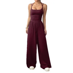 Women summer casual halter strap wide leg jumpsuit solid color stylish loose elegant romper.