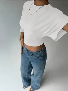 Women summer casual ruched waist short sleeve top, solid color stylish daily wear.