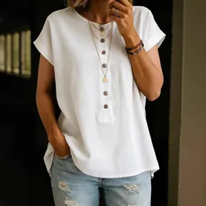Women Casual Short Sleeve T Shirt Solid Color Crew Neck Loose Fit Button Front Polyester Top For Summer Daily Wear