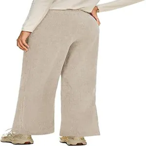 Pantaloni corduroy gamba larga vista posteriore dettaglio, vita alta elastica texture.