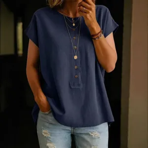 Women casual short sleeve button blouse solid color loose summer top comfortable daily apparel