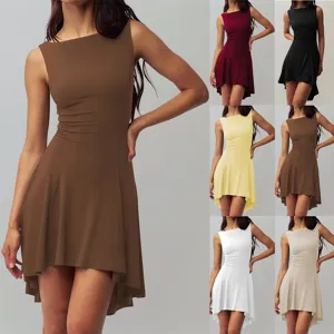 Women's Sexy Off Shoulder Solid Color Sleeveless Slim Fit Ruffle Hem Midi Dress