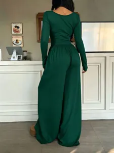 Solid color long sleeve wide leg jumpsuit for women, casual square neck chic daily wear.
