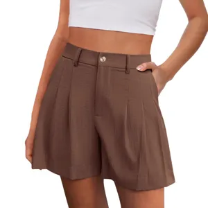 Shorts Décontractés Taille Haute pour Femmes Été Couleur Unie Style Urbain Plissé Poches Jambes Larges Shorts Droits