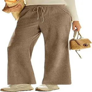 Pantalone donna a gamba larga in corduroy a vita alta casual con coulisse e tasche