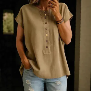 Casual khaki short sleeve blouse for women with front button placket and crew neck design.