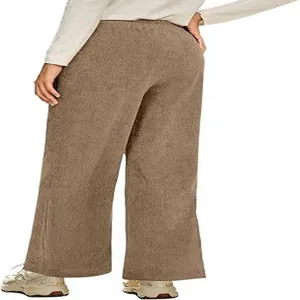 Pantaloni larghi in velluto a coste marrone dettaglio retro, vita alta stile casual.