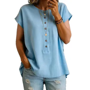 Summer casual solid color short sleeve women blouse with front buttons and classic round neck.