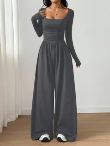 Chic long sleeve square neck wide leg jumpsuit for women, slim fit solid color casual one piece.