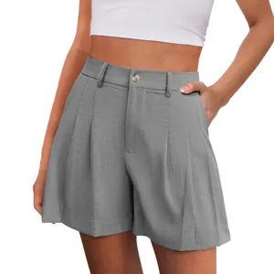 Shorts Casual Taille Haute Plissé Femme Été Urbain Élégant Gris Vêtement Mode