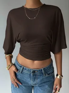 Women summer brown crop top with ruched waist crew neck short sleeve casual slim tee shirt