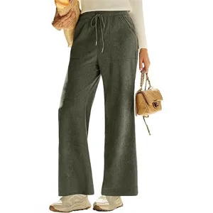 Pantaloni Donna Verdi in Velluto a Coste Gamba Larga Vita Alta con Coulisse e Tasche