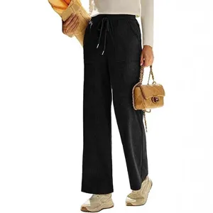 Pantalone largo in velluto a coste nero da donna, vita alta, coulisse e comode tasche.