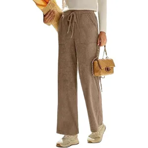 Pantaloni lunghi donna in velluto a coste gamba larga vita alta con coulisse e tasche