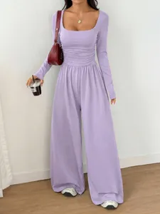Stylish women purple long sleeve square neck ruched wide leg jumpsuit casual daily outfit