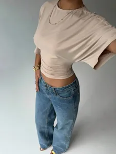 Casual summer women's waist-cinching draped short sleeve top stylish regular shoulder.