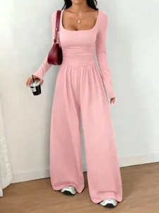 Women's long sleeve square neck solid color wide leg casual slim fit jumpsuit detail