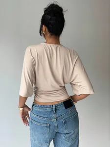Summer casual women short sleeve waist cinching top slim fit solid color daily wear chic tee