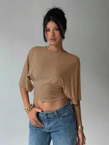 Women's casual waist-cinching slim fit short sleeve t-shirt summer versatile solid top.