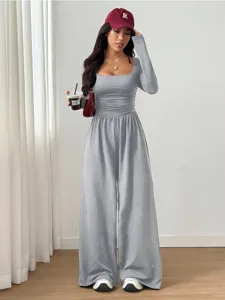 Stylish long sleeve square neck wide leg jumpsuit casual solid color elegant women outfit
