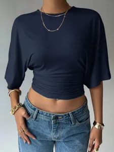 Casual slim fit crop top for women, solid color navy blue short sleeve stylish tee.
