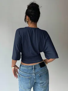 Women Summer Casual Navy Blue Batwing Sleeve Crop Top Slim Fit Waist Design Fashion Apparel