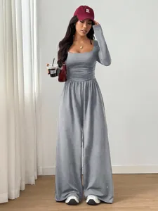 Grey long sleeve square neck jumpsuit casual slim fit wide leg outfit detail view