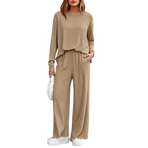 Haut à manches longues en tricot et pantalon large tenue décontractée pour femmes
