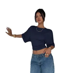 Casual slim fit crop top for women summer trendy solid color stylish short sleeve top