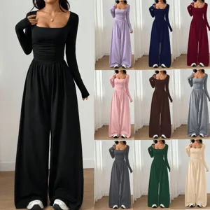 Women Long Sleeve Square Neck Casual Wide Leg Slim Fit Solid Color Jumpsuit Fashion Elegant High Waist Long Pants