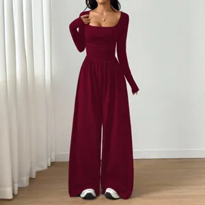 Elegant long sleeve square neck solid color wide leg jumpsuit for women casual wear