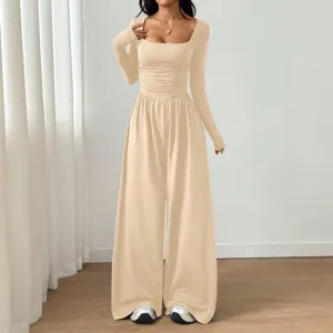 Women long sleeve square neck solid color wide leg jumpsuit casual slim fit elegant fashion outfit