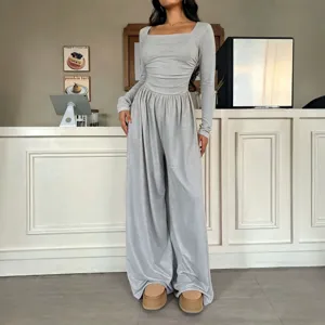 Women Long Sleeve Square Neck Solid Color Casual Wide Leg Jumpsuit Elegant Slim Fit Outfit