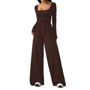 Stylish Women Long Sleeve Square Neck Solid Color Wide Leg Jumpsuit Casual Slim Fit Romper
