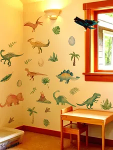 Cartoon Dinosaurier Wandaufkleber grüne Blätter Kinderzimmer Hintergrund Wanddeko 02