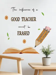 Detailed scene view of teacher quote wall sticker featuring leopard pencil and book design.
