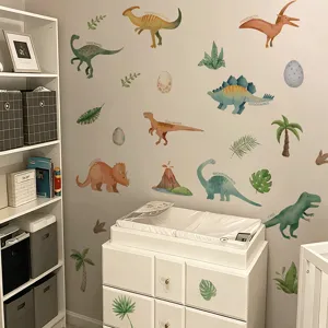 Bunte Cartoon Dinosaurier Wandaufkleber mit Blättern für Kinderzimmer Deko Wandtattoo.