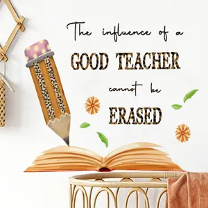 Teacher appreciation wall sticker with leopard pencil book design for classroom and study room decor.