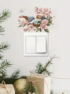 Decorative wall switch sticker featuring bird nest and flower branches, PVC self-adhesive.
