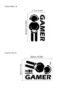 Vista dettagliata dell'adesivo murale gamer con dimensioni e layout mostrati.
