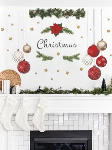 Christmas wall stickers removable PVC holiday decor for living room with festive baubles and pine design